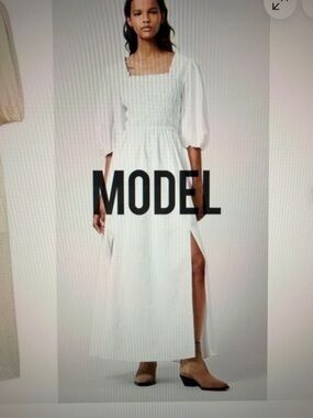 All Saints White Smocked Square Neck Dress with Puff Sleeves